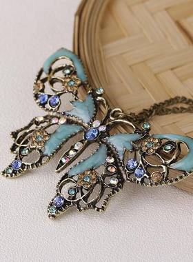 欧美饰品复古镂空滴油蝴蝶毛衣链项链厂家