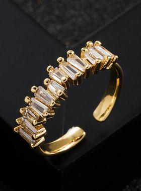 欧美时尚潮流铜镀真金微镶锆石戒指网红爆款嘻哈彩虹食指戒指配饰