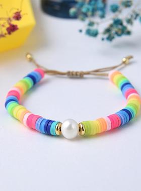 跨境速卖通跨国民族风软陶片水果手链淡水珍珠串珠保色笑脸手工