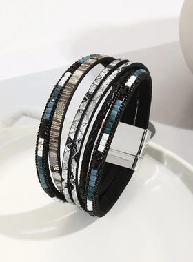 欧美波西米亚风磁吸扣皮革手镯百搭女士手链多层缠绕手饰手绳