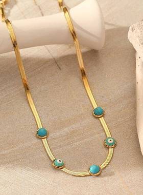 潮流蛇骨链松石恶魔之眼吊坠项链女简约轻奢金色潮钛钢镀金项链