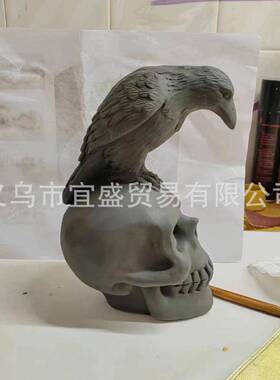 跨境骷髅与乌鸦装饰品摆件家居庭院设计黑色乌鸦骷髅户外装修摆件