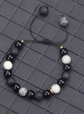 新款跨境火山石熔岩方块编织手链男士哑光黑玻璃珠子可调节手串