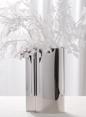 现代轻奢金属花瓶摆件琉璃样板房软装家居饰品皮质单耳不规则花器