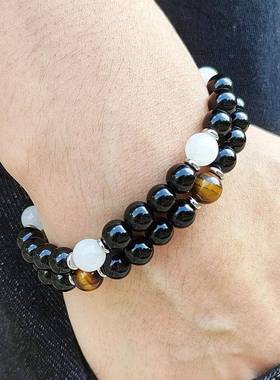 跨境爆款黄虎眼黑玻璃天然石圆珠串珠手链拼色弹力绳银色隔片设计