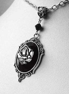 欧美摇滚舞台乐队朋克夸张复古合金男士项链小号玫瑰黑宝石