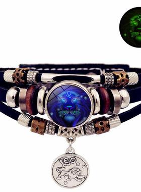 夜光12星座手链女潮流欧美时尚手工多层串珠皮革手环饰品生日礼物