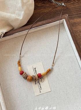 复古木质串珠吊坠项链女小众设计感民族风配饰时尚长款百搭毛衣链