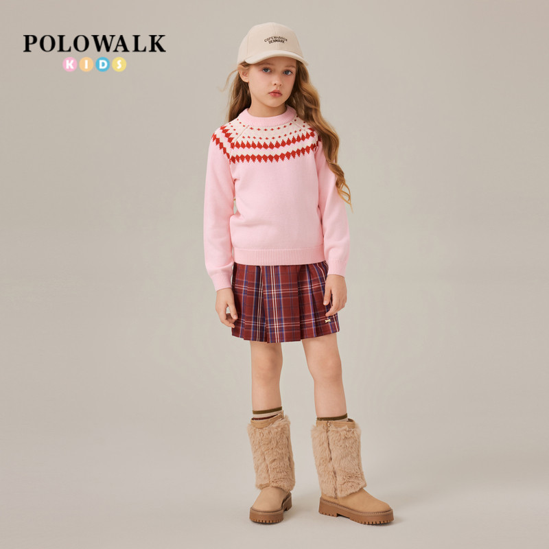 POLOWALK童装女童针织衫2025秋季新款保罗儿童百搭圆领提花毛衣潮,淘宝优惠券,粉丝福利购,淘宝优惠卷