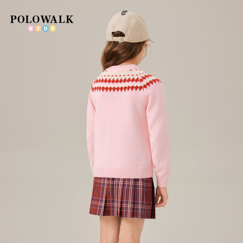 POLOWALK童装女童针织衫2025秋季新款保罗儿童百搭圆领提花毛衣潮,淘宝优惠券,粉丝福利购,淘宝优惠卷