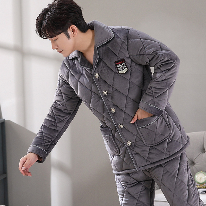 秋冬季男士三层夹棉珊瑚绒冬款睡衣 洛伊柔睡衣/家居服套装