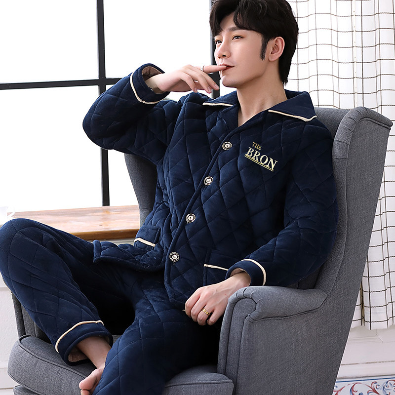 男士冬季加绒三层夹棉珊瑚绒睡衣 洛伊柔睡衣/家居服套装