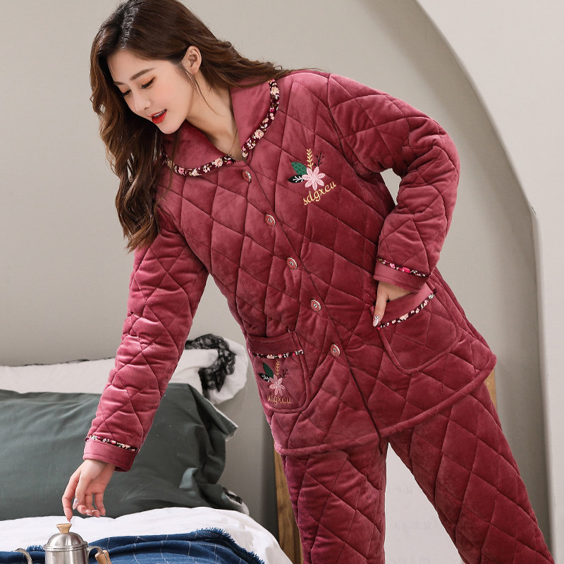 冬季三层夹棉加绒袄珊瑚绒睡衣 洛伊柔睡衣/家居服套装