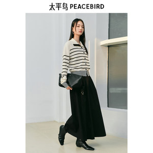 太平鸟翻领撞色条纹针织衫25春季新品女士修身内搭羊毛混纺打底衫