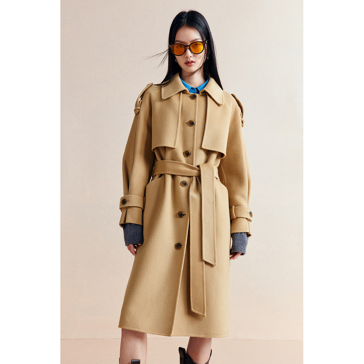 太平鸟风衣式双面时尚新款呢大衣 太平鸟outlets店毛呢外套