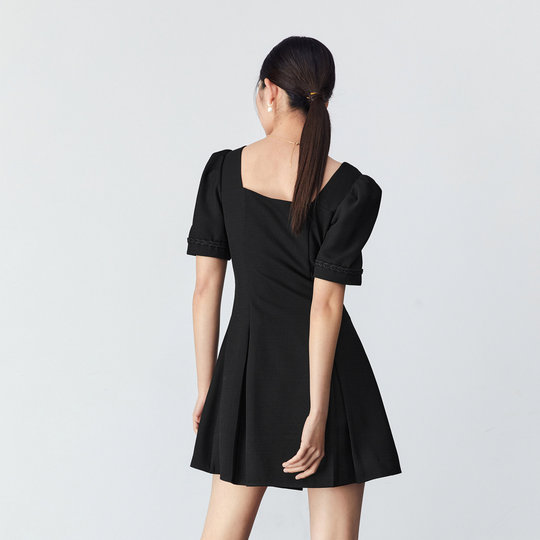 【清仓】#太平鸟 春季法式方领连衣裙女士高腰显瘦双排扣