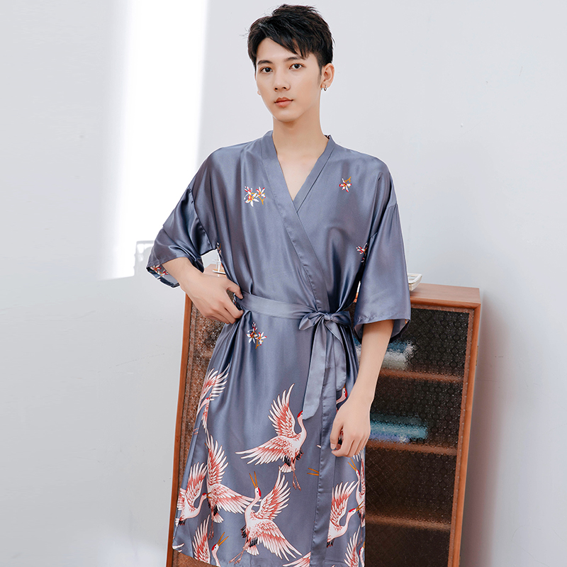 roseroom旗舰店睡袍男夏薄款冰丝男浴袍一体式春秋长款大码加肥宽松丝绸男士睡衣0