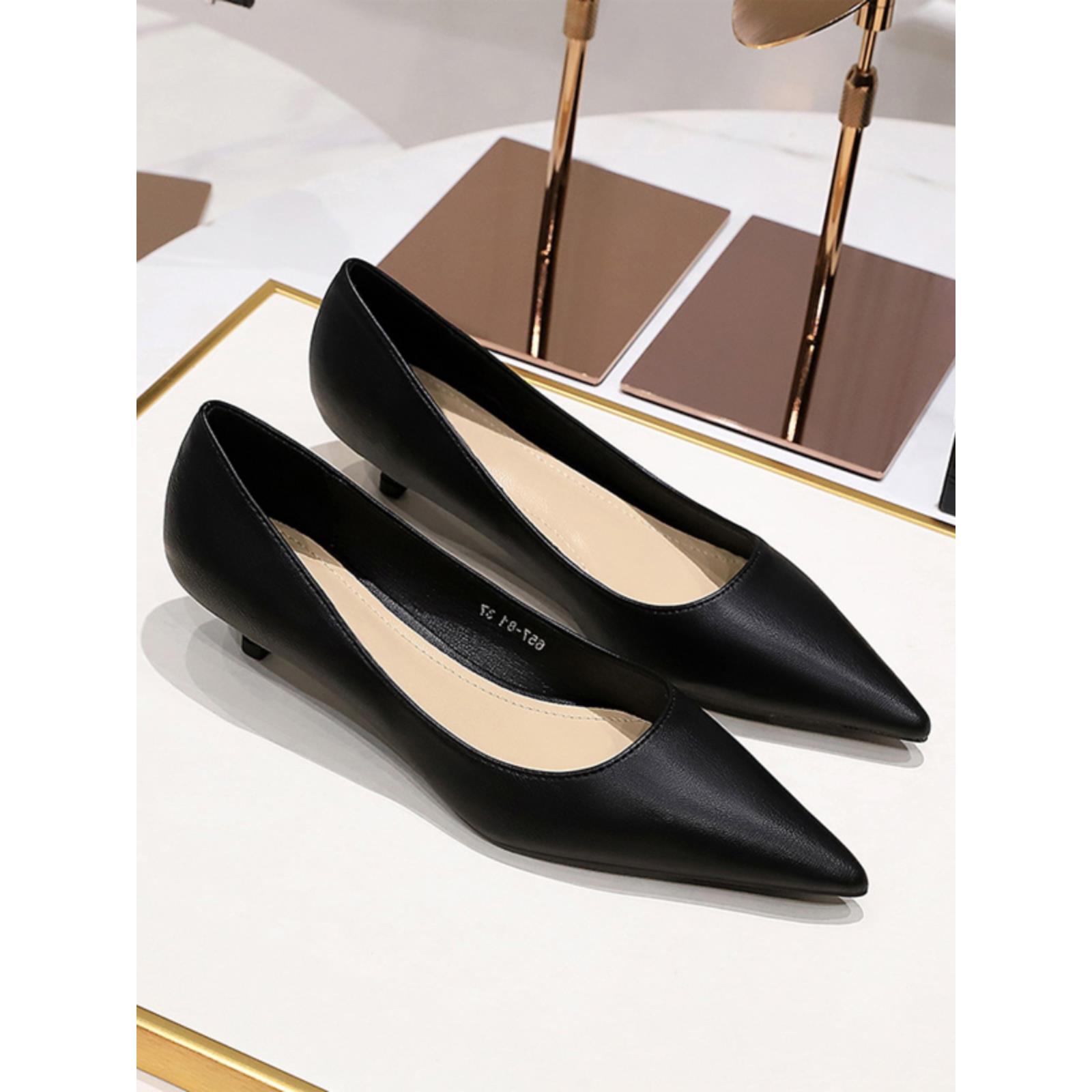 港风新品尖头细跟高跟鞋女春秋季真皮浅口舒适单鞋低跟小皮鞋 - 图1