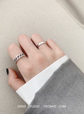 纯银做旧链条麻花光面开口戒指