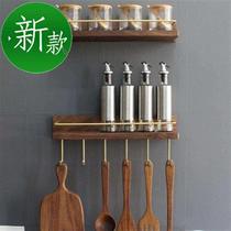 Kitchen Seasoning O Bottle Shelve Solid Wood Perforated multifunction wall-mounted shelf Seasoning Tank Cookware Hook containing shelf