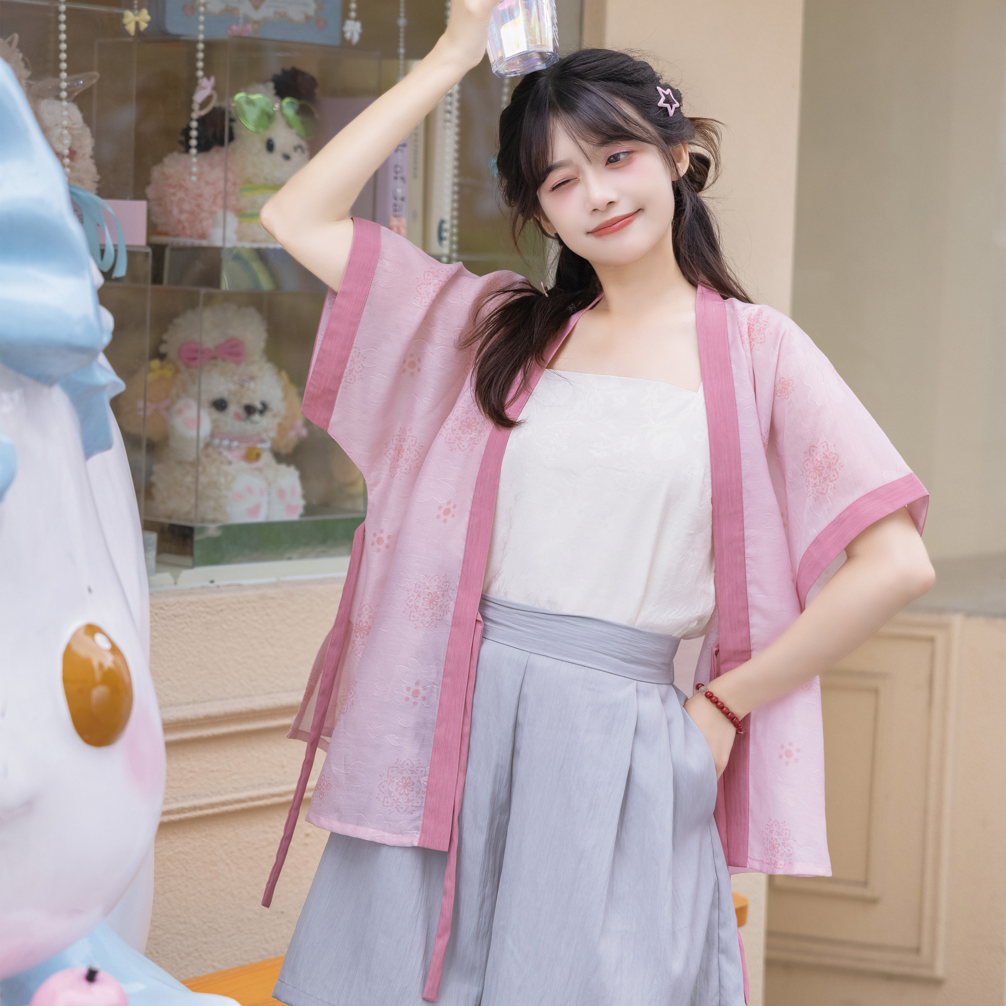 花朝记｜桃啵｜汉服元素半袖对襟衫短裤提花粉色休闲简约日常春夏,淘宝优惠券,粉丝福利购,淘宝优惠卷