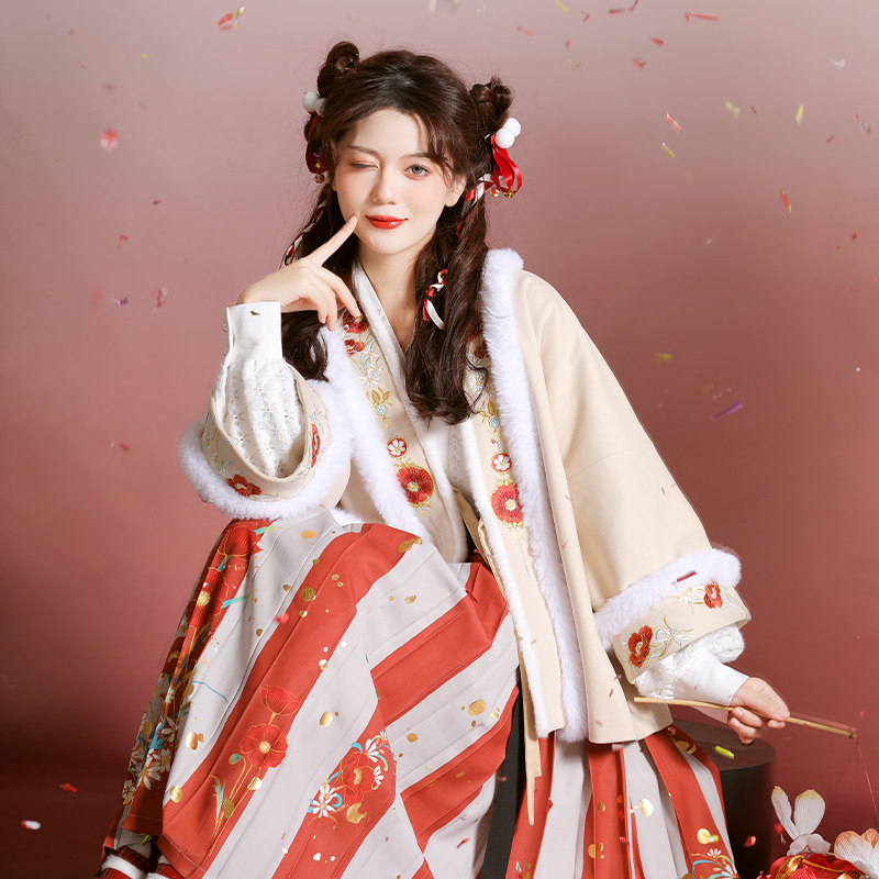 春意闹花朝记汉服原创设计宋制汉元素对襟袄交领印花中长裙秋冬_虎窝淘