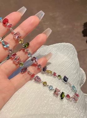 甜心糖果彩色水晶锆石项链轻奢高级感爱心彩虹锁骨链女ins小众潮