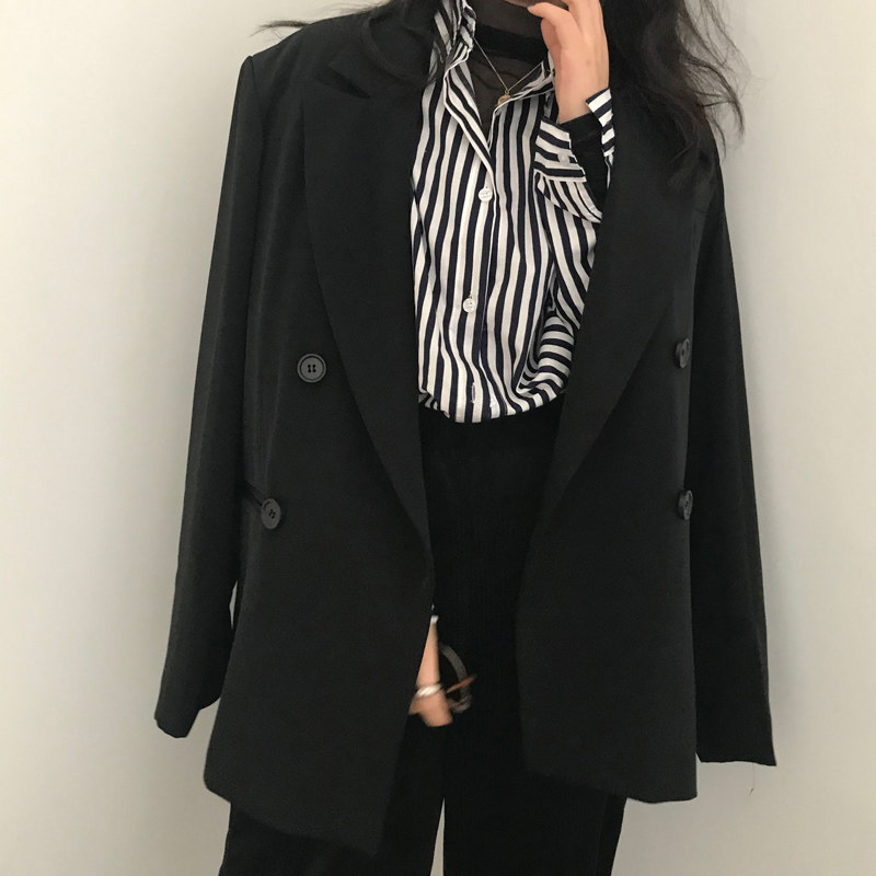 港风深蓝粗条纹衬衫长袖春秋防晒 楠芷凡衬衫