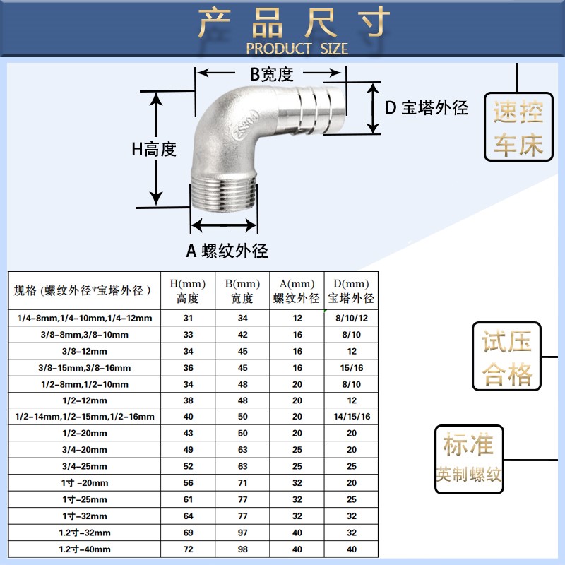 304不锈钢4分外丝宝塔弯头90度直角水管软管快接竹节接头水暖配件 - 图0