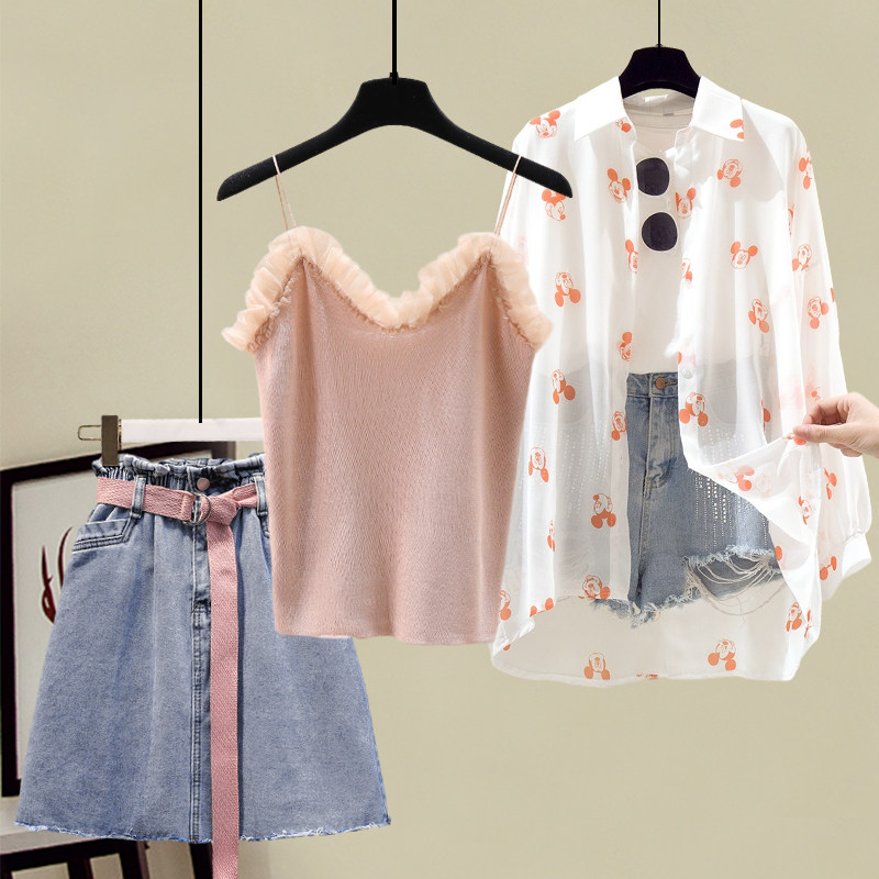 夏装裙子女网红米奇雪纺防晒配衬衫 纯依菲时尚套装