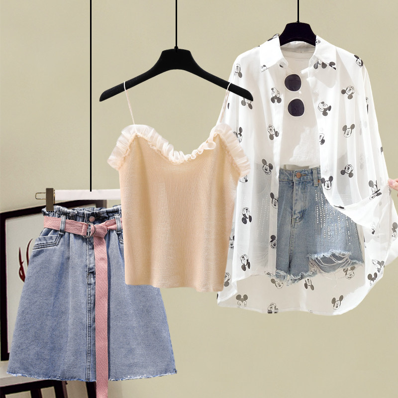 夏装裙子女网红米奇雪纺防晒配衬衫 纯依菲时尚套装