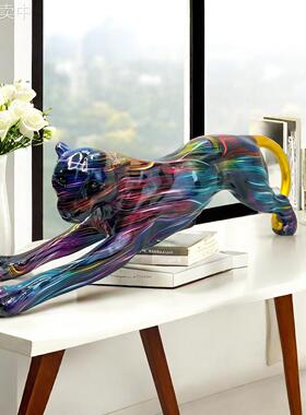 跨境现代炫彩转印豹子家居摆件客厅办公室桌面装饰摆设树脂工艺品