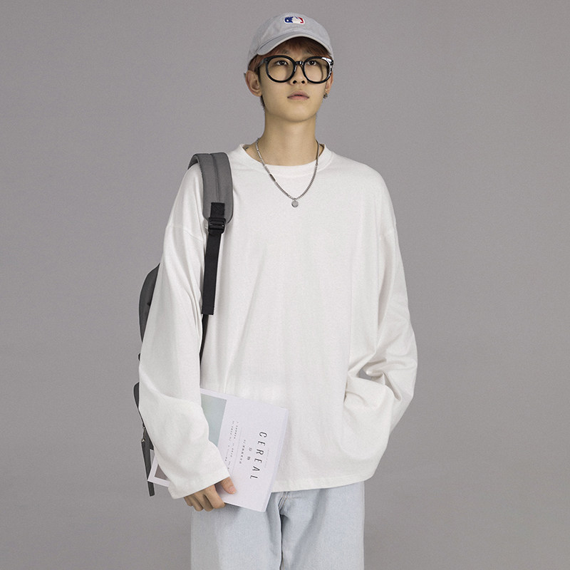 港仔文艺男纯色长袖t恤男打底衫 港仔文艺男T恤