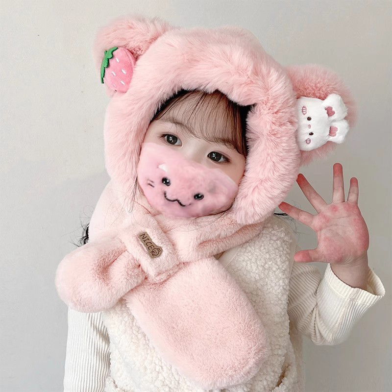 儿童冬季帽子围脖一体帽两件套婴儿可爱毛绒男女童宝宝保暖护耳厚