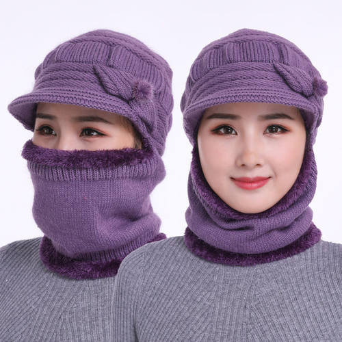 帽子围脖一体女加绒保暖毛线帽老人针织帽奶奶帽冬季妈妈骑车神器 - 图2