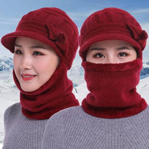 帽子围脖一体女加绒保暖毛线帽老人针织帽奶奶帽冬季妈妈骑车神器 - 图3