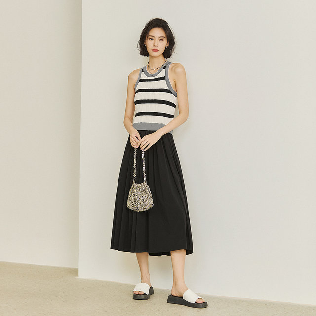 LILY Ole new women's fake two-piece striped knitted high-waist dress little black dress