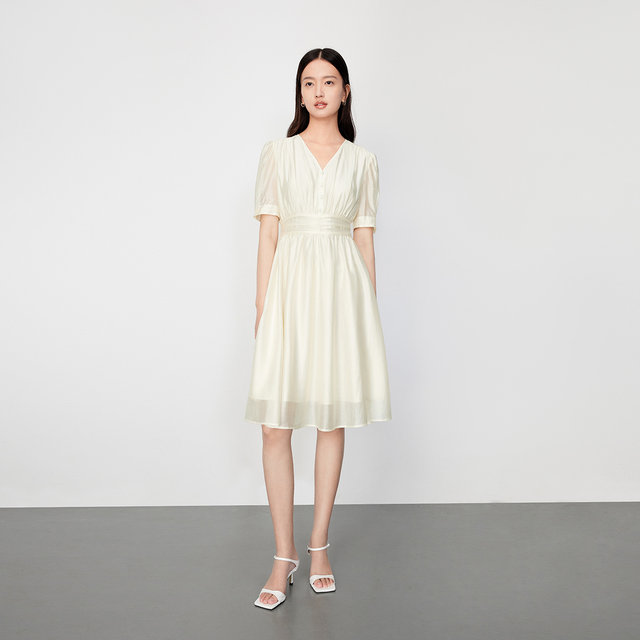 LILY Outlet New Women's Gentle Solid Soft Color Temperament V Neck Fashionable High Waist Short Sleeve Dress Small White Dress Women