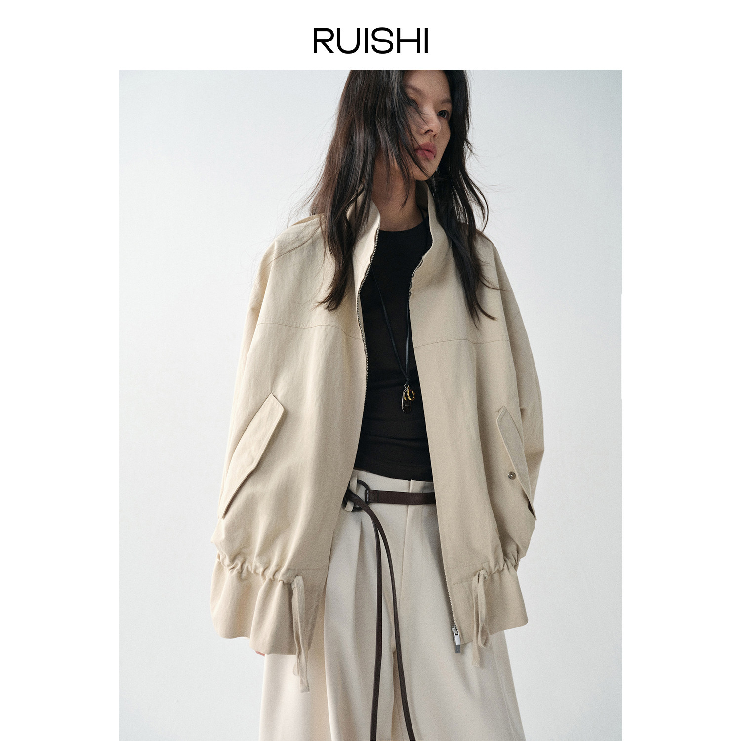 RUISHI芮时 东岸风迹 棉锦混纺低腰抽绳短款显瘦立领风衣外套女春,淘宝优惠券,粉丝福利购,淘宝优惠卷