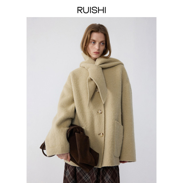 RUISHI芮时 “布尔乔亚”羊驼毛混纺兔耳围巾圆领双面呢大衣女冬