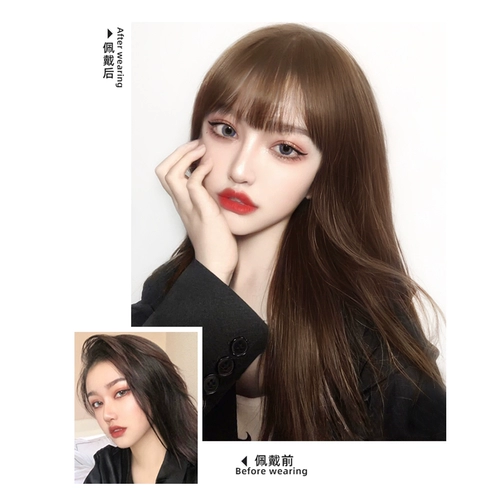 Парик, шлем, пряди волос изготовленные из настоящих волос, челка, прямые волосы, популярно в интернете, длина миди