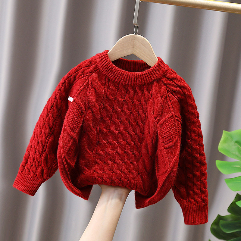 儿童复古麻花加绒红色毛衣男女童2025秋冬宝宝喜庆小童加厚针织衫,淘宝优惠券,粉丝福利购,淘宝优惠卷