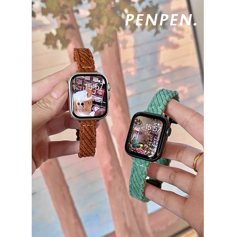 penpen灯芯绒折叠适用于苹果手表表带apple通用iwatch12345678se - 图1