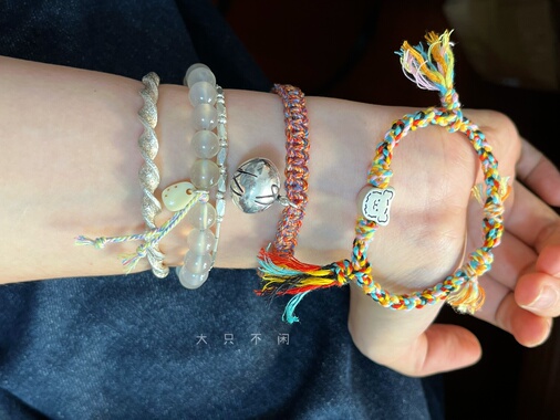 不闲原创手作 纯手工编织足银999线条狗手绳手链  男女儿童款