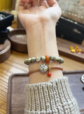 不闲手作 达摩蜡绳 招福达摩手绳 原创编绳 南红纯银