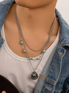 性男士松石叠戴锁骨链套装