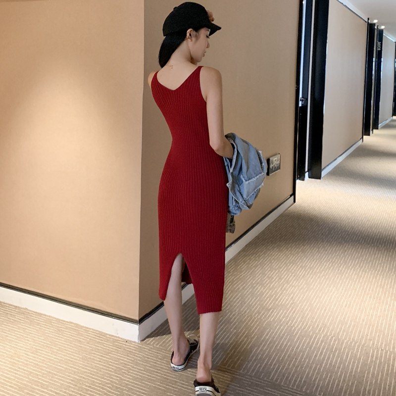 春秋修身针织吊带小黑裙性感连衣裙 君煊连衣裙
