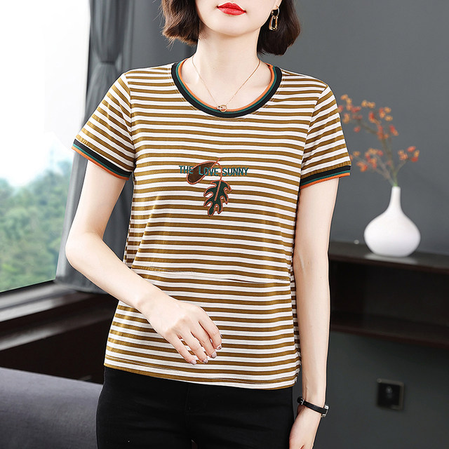 Inpenny summer mom ເສື້ອທີເຊີດ embroidered striped