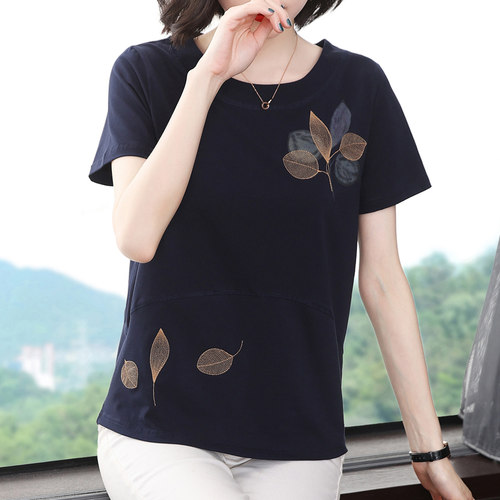 纯棉短袖t恤女洋气绣花上衣50岁妈妈夏装2026新款宽松休闲半袖t - 图1