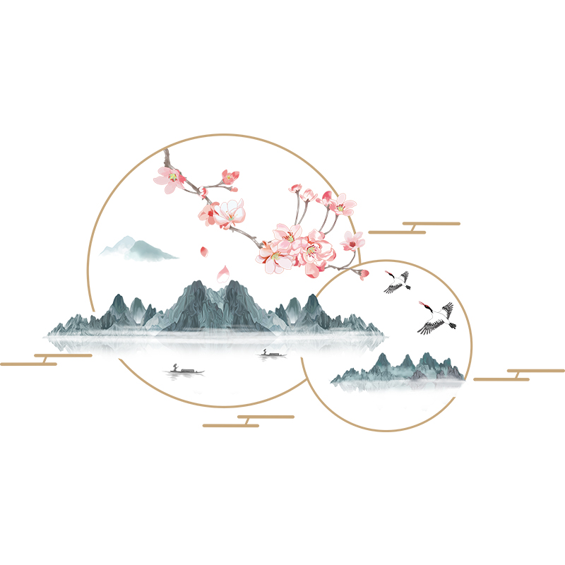 中国风背景客厅墙面装饰墙壁贴纸墙贴墙上自粘高级感山水风景贴画 - 图0